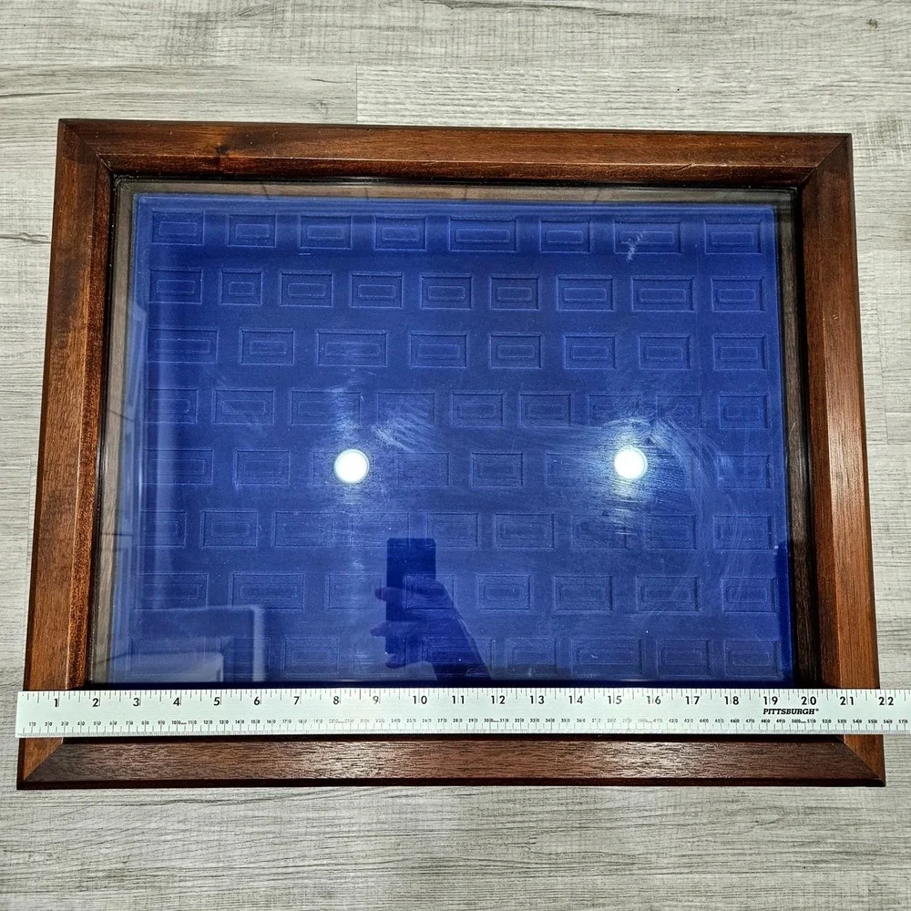 Jewelry Display Case Large Brown Wood Glass Removable 3 Tray Blue Velvet Storage